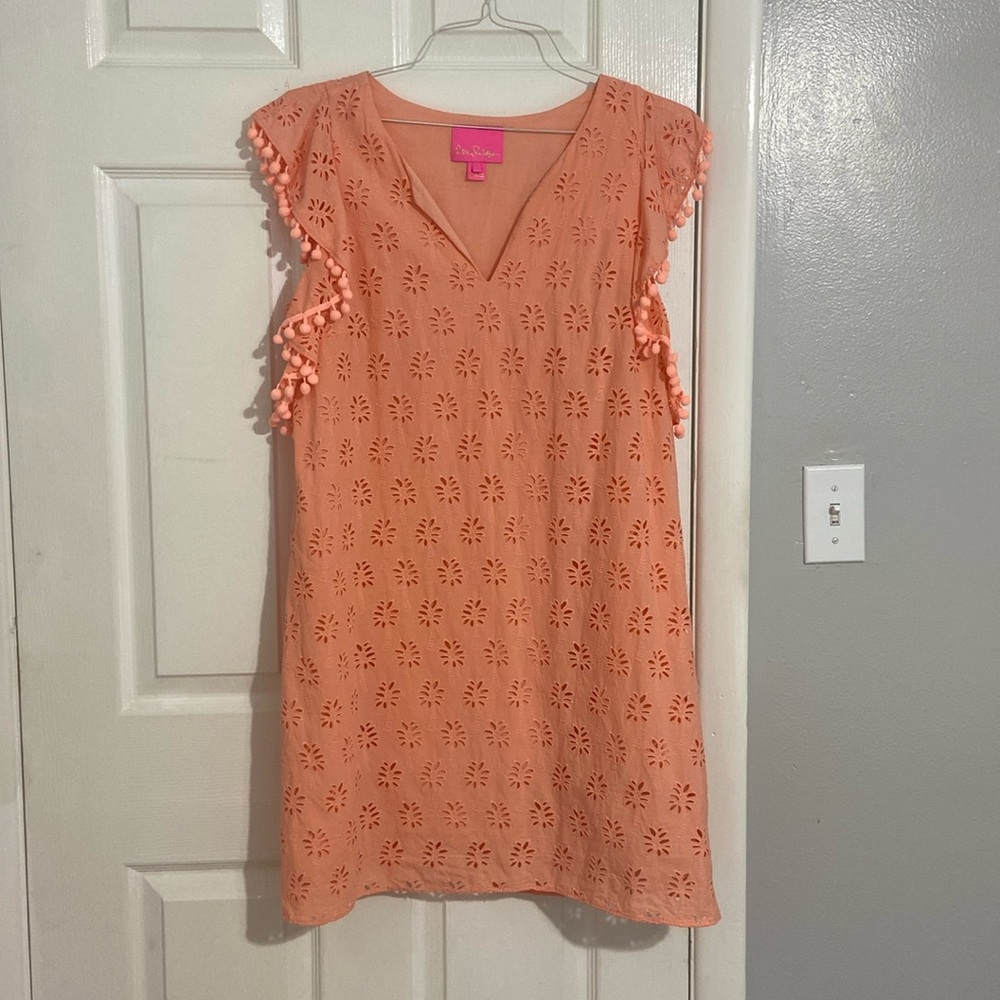 Lilly Pulitzer Peach Flamingo Palm Tree Eyelit Dress